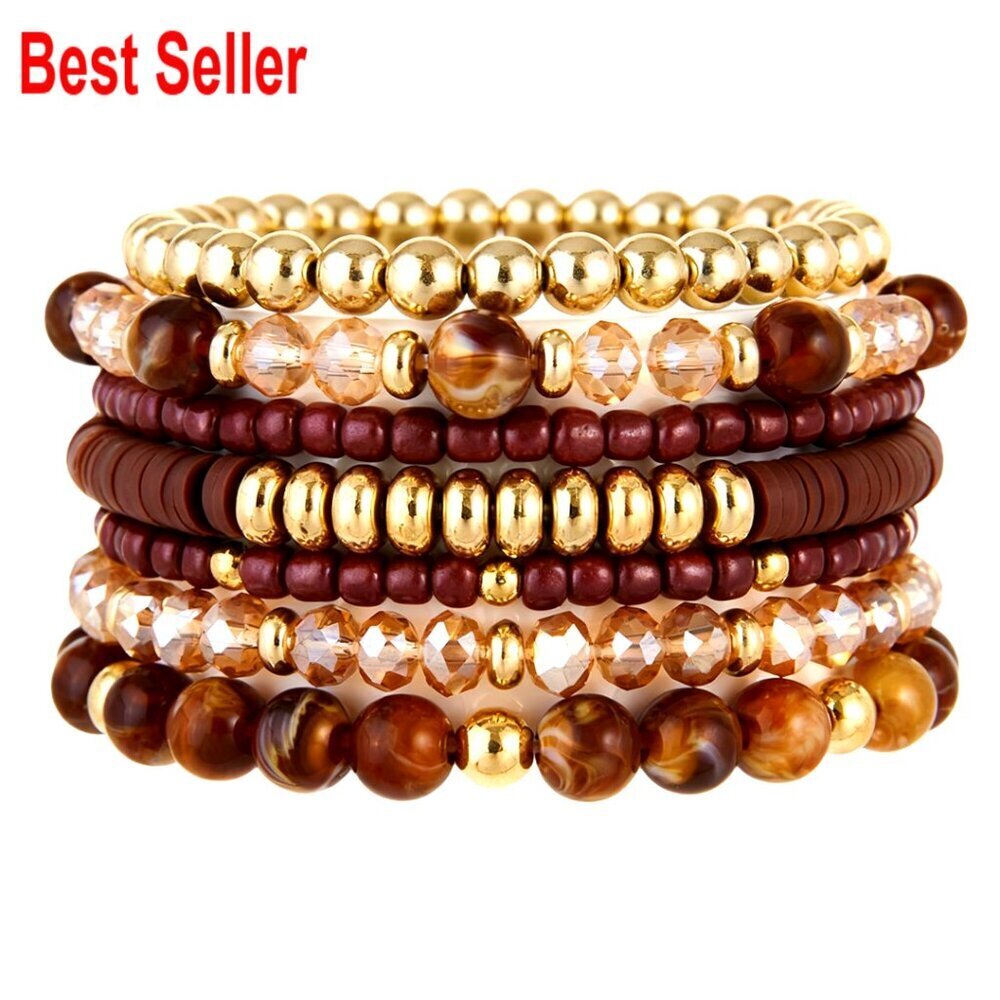 Stretch Beaded Bracelets Set, Vintage Gold & Brown Stackable Bohemian Jewelry